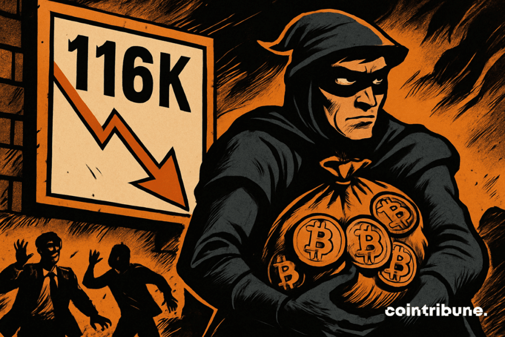 Figura mascarada acumula Bitcoins enquanto o preço cai para 116 mil; caos por trás, estilo cômico ousado em laranja e preto.