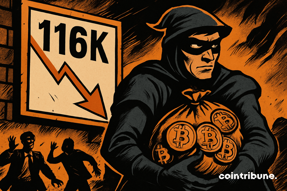 Figura mascarada acumula Bitcoins enquanto o preço cai para 116 mil; caos por trás, estilo cômico ousado em laranja e preto.