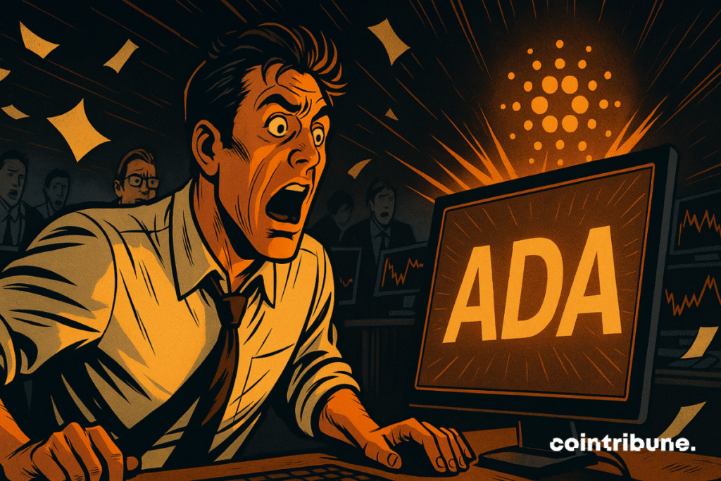 Un comerciante queda atónito ante una explosión de Cardano en la pantalla, lo que ilustra el frenesí del mercado de criptomonedas con intensidad visual.