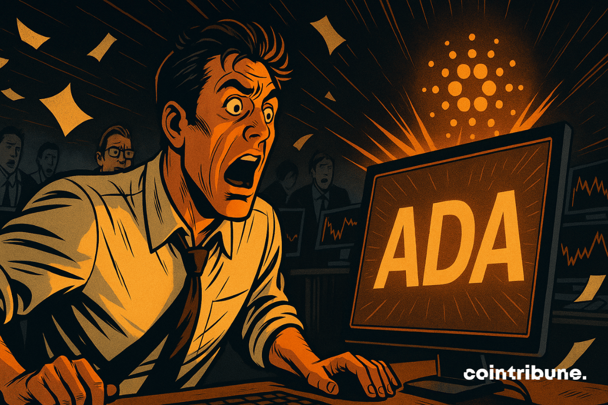 A trader is stunned by a Cardano explosion on screen, illustrating the crypto market frenzy with visual intensity.