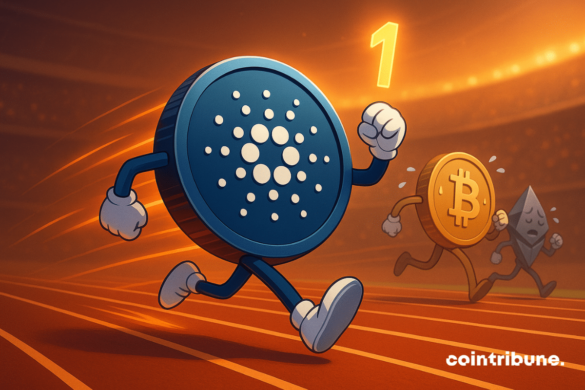 ADA personified at the head of a futuristic race, ahead of Bitcoin and Ethereum on a luminous track