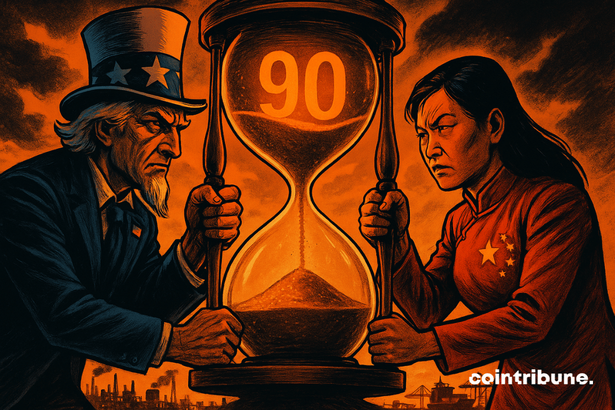 Uncle Sam and a figure from China hold a giant hourglass marked "90" against an orange and black industrial background evoking a tense truce.
