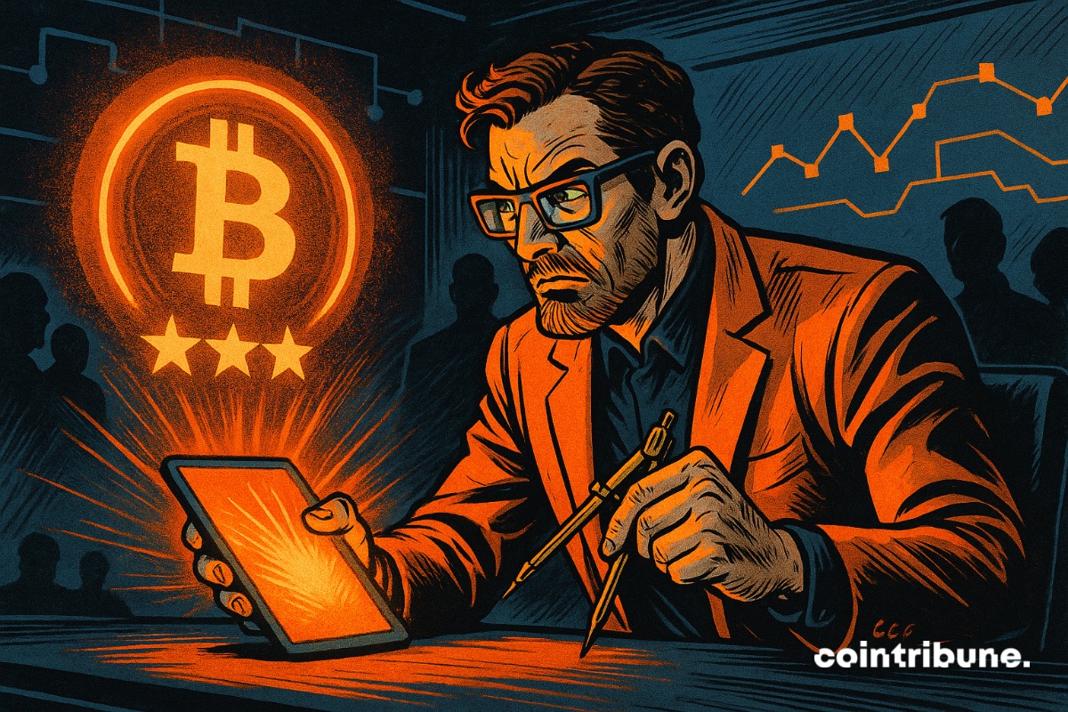 Um arquiteto desenhando uma notação cripto. O bitcoin em destaque.