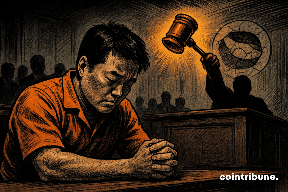 Do Kwon no tribunal, cabeça baixa em sinal de culpa, enquanto o martelo brilhante de um juiz se aproxima, simbolizando o colapso do TerraUSD.
