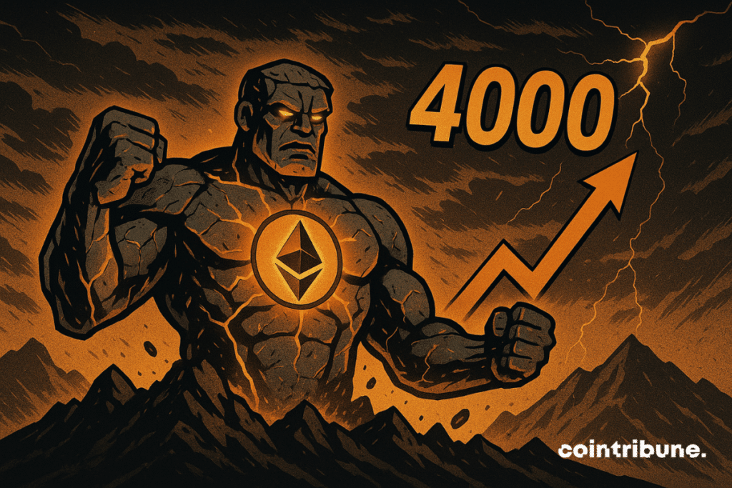 Um colosso de pedra Ethereum desperta, com rachaduras alaranjadas brilhantes, o número 4000 e uma seta ascendente sob um céu tempestuoso.