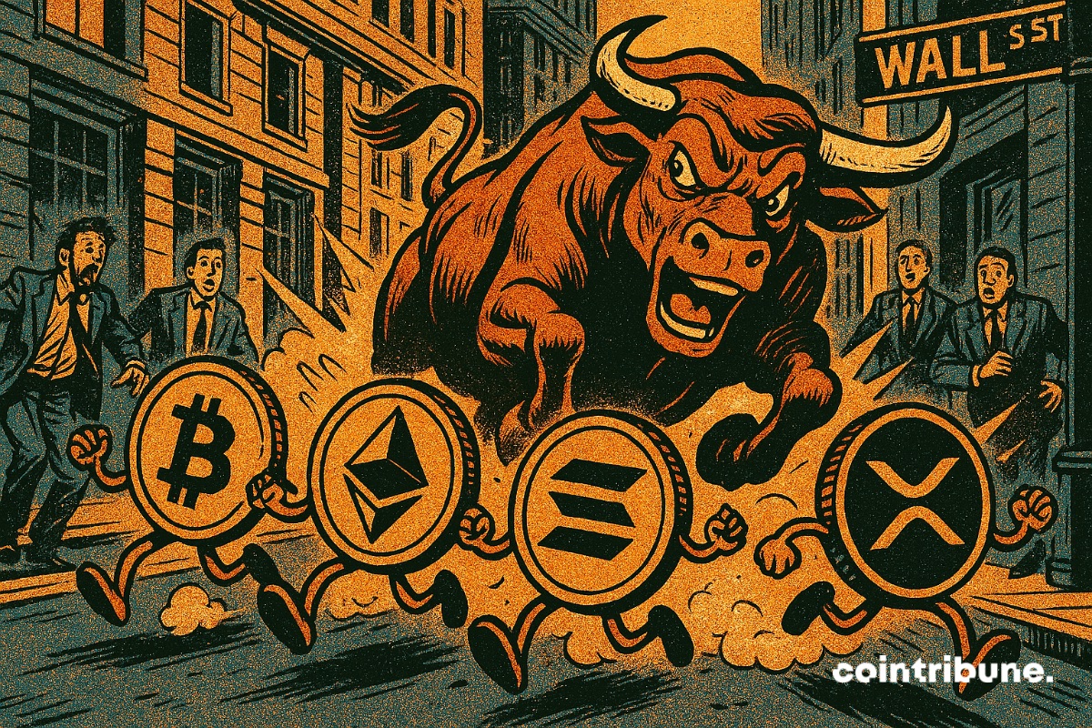 Un toro que persigue las cripto bitcoin, Ethereum, Solana y XRP con vistas a una inminente subida.