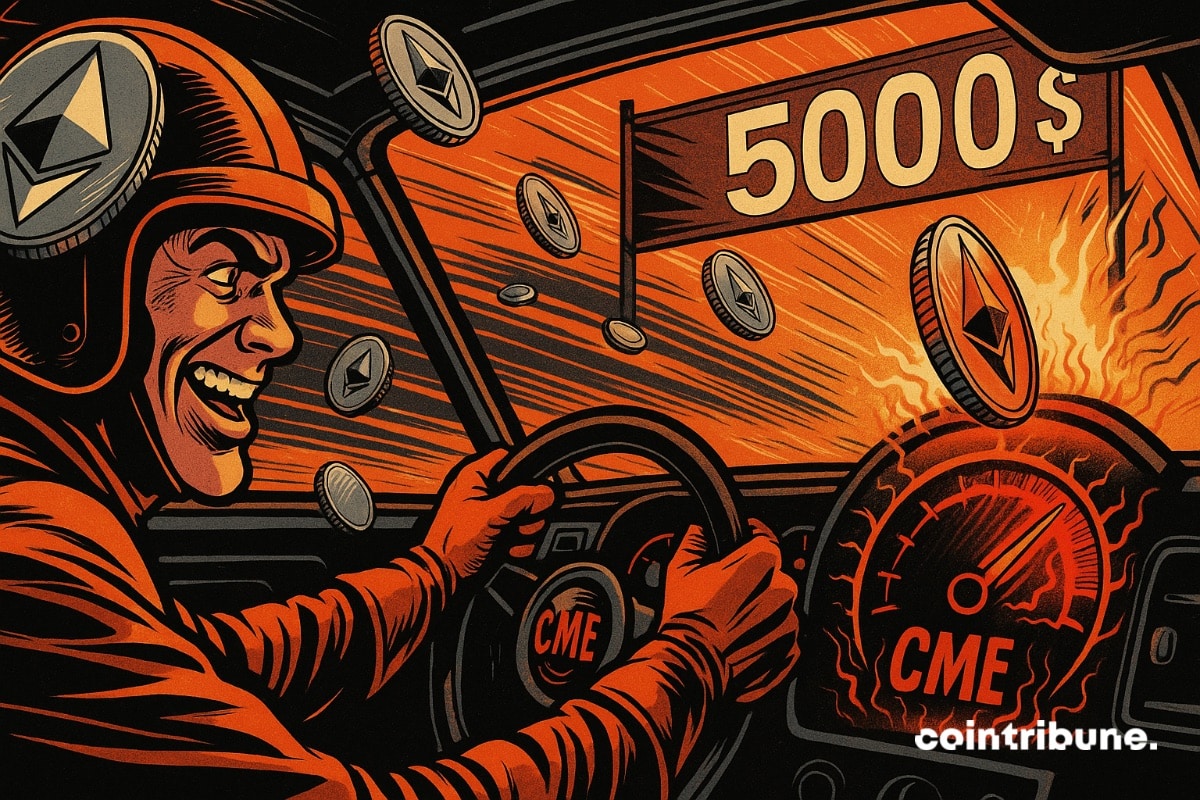 Um piloto de rali em um carro Ethereum com um CME superaquecido e a meta de US$ 5.000 se aproximando.