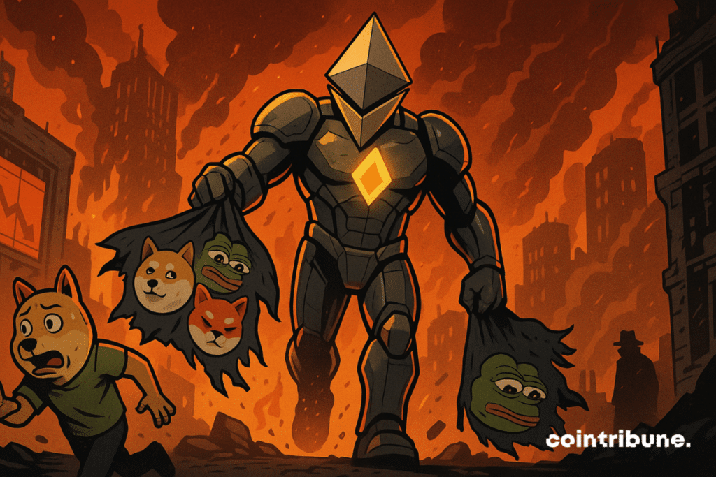 O Ethereum conquistador esmaga as memecoins em um caos urbano em chamas, simbolizando a queda brutal e irreversível dos tokens.