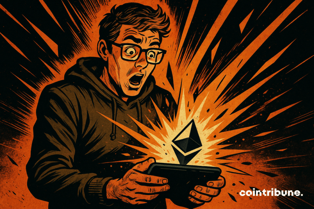 Um trader atordoado vê seu portfólio Ethereum explodir em valor, mostrando +1000%, cercado por flashes de luz laranja e preta.