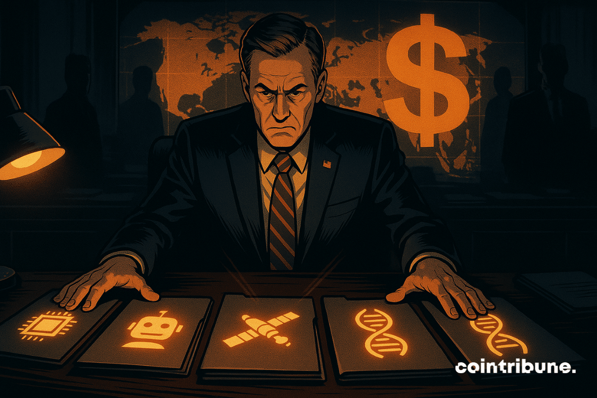 A senior U.S. official analyzes four secret Genius Act technologies in dramatic lighting, in front of a world map and stablecoins.
