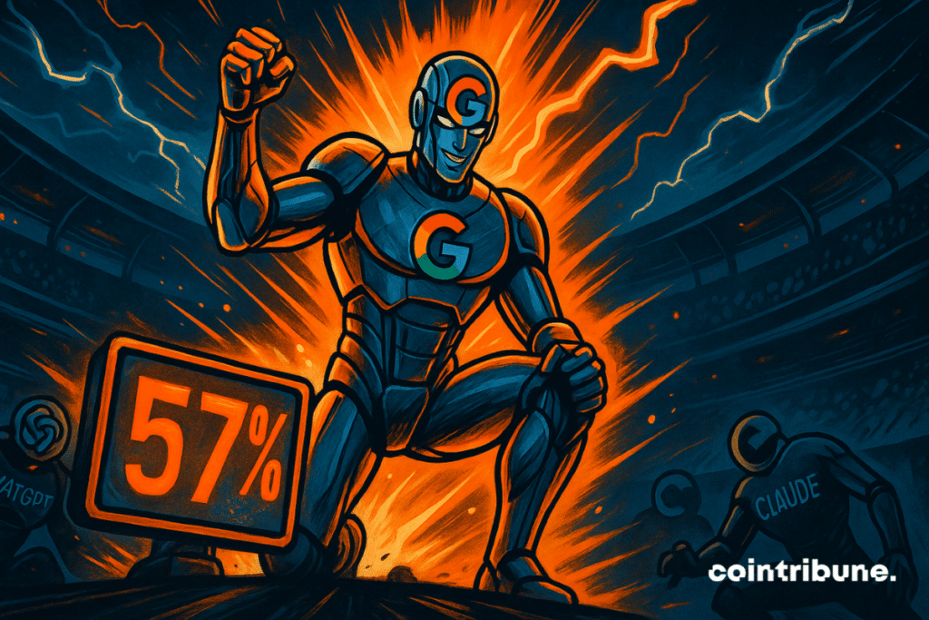 Um androide Gemini triunfante domina uma arena digital, esmagando seus rivais de IA sob uma tela que exibe incríveis 57%.