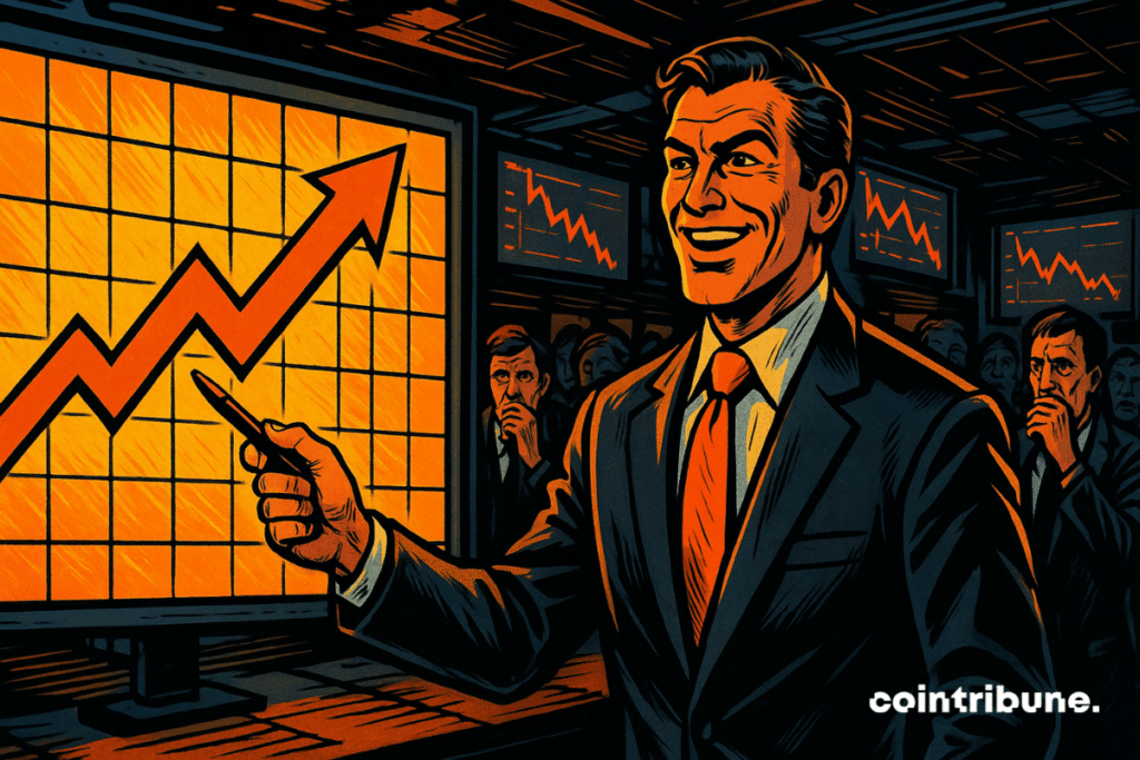 Un analyste confiant de JPMorgan en costume, cravate orange, pointant un graphique haussier lumineux, entouré de traders inquiets dans salle de marché sombre.