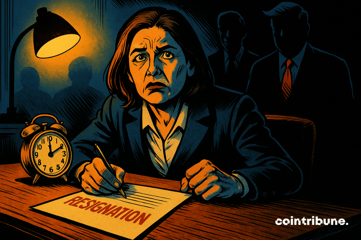 A tense woman signs her resignation at 11:59, shadowed by looming political figures in the background.