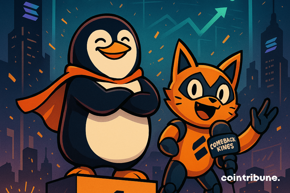 À esquerda, um pinguim sorridente com uma capa laranja (PENGU) está no primeiro degrau com os braços cruzados. À direita, um gato robótico laranja e preto (SPX) segura um microfone e acena à multidão do segundo degrau.