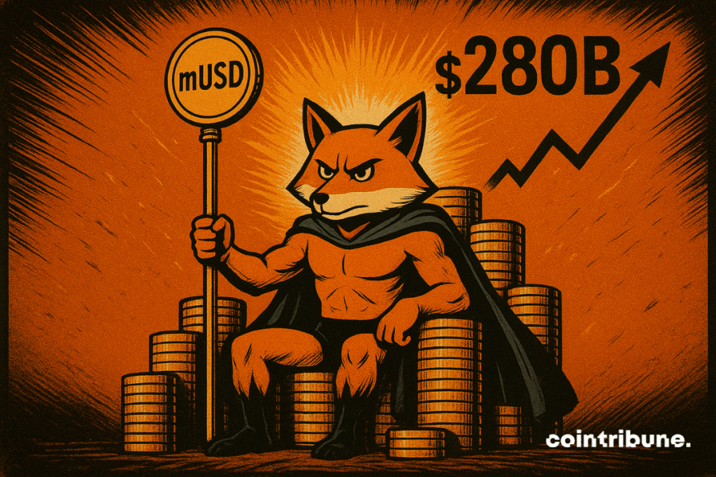 El zorro de MetaMask se sienta en un trono de monedas doradas, sosteniendo el cetro de mUSD, con 0 mil millones y un gráfico de crecimiento brillando detrás.