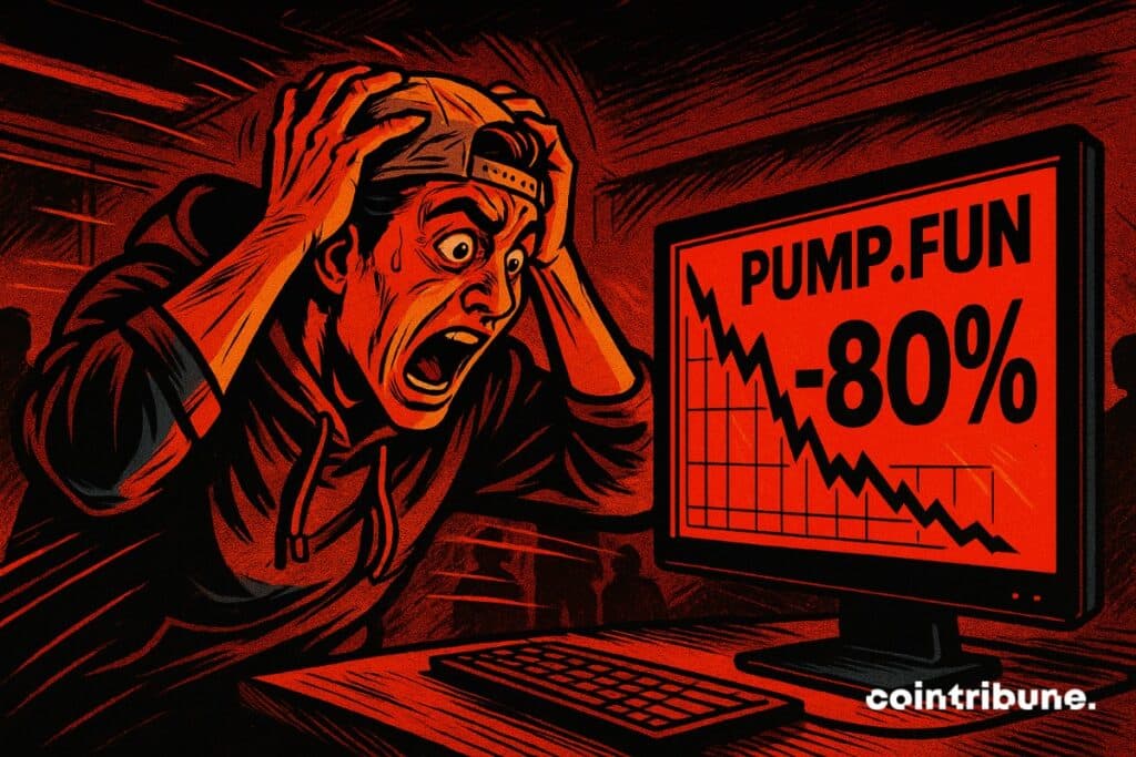 Um trader de cripto enlouquecido diante de uma tela exibindo -80% no Pump.fun