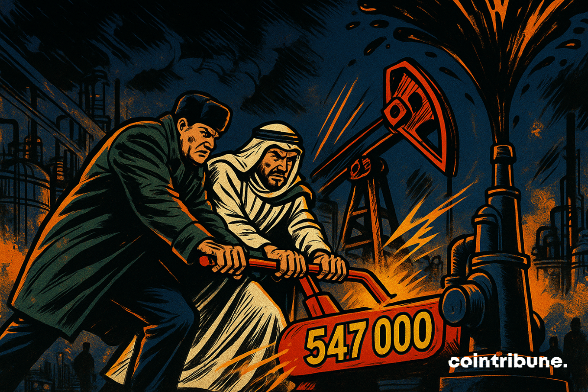 Duas figuras simbólicas, uma representando a Rússia, operam uma alavanca vermelha “547.000”, desencadeando uma explosão noturna de petróleo.