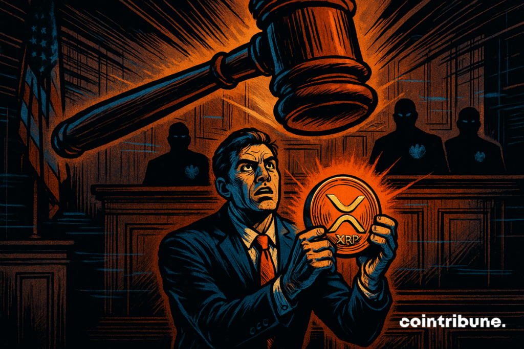 Un abogado defiende a XRP en el tribunal, sosteniendo la moneda mientras cae un mazo: criptomonedas versus regulación en plena vigencia.
