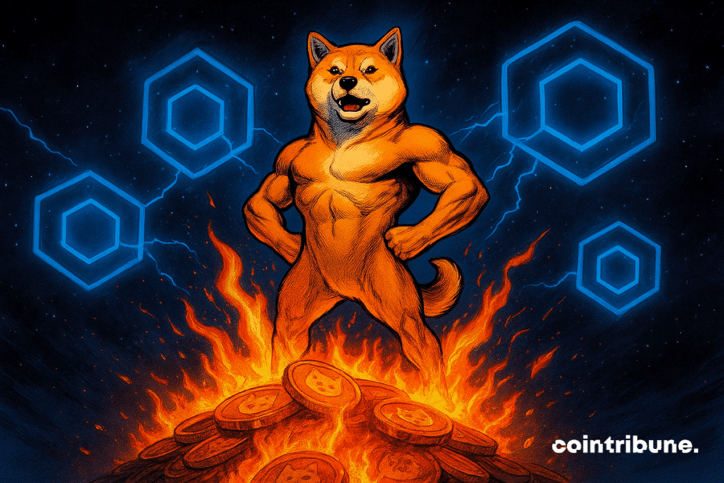 Um poderoso Shiba Inu permanece triunfante em tokens em chamas, portais brilhantes brilhando no cenário cósmico.