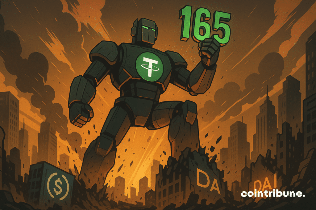 Un robot géant Tether écrase les stablecoins  USDC et DAI dans une ville en ruine, brandissant fièrement les 165 milliards.