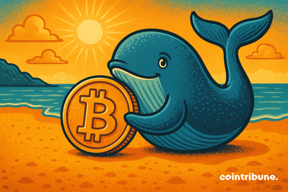 Illustration of a smiling blue whale on a sunny beach, holding a large gold Bitcoin coin.