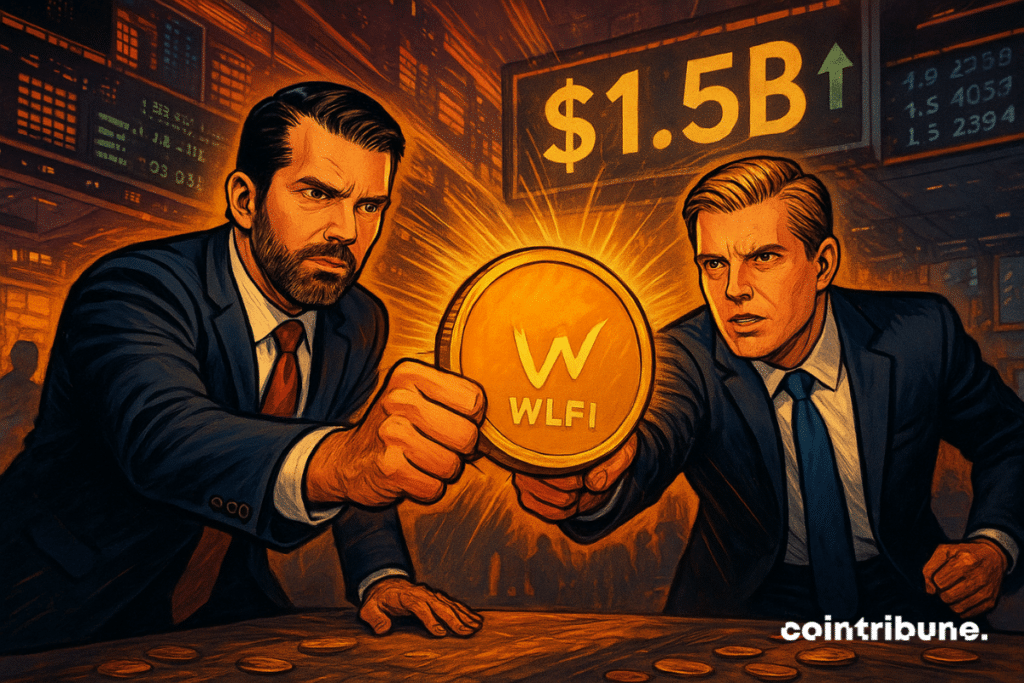 Trump’s sons push glowing WLFI coin on Wall Street floor, $1.5B ticker flashing in bold behind them.
