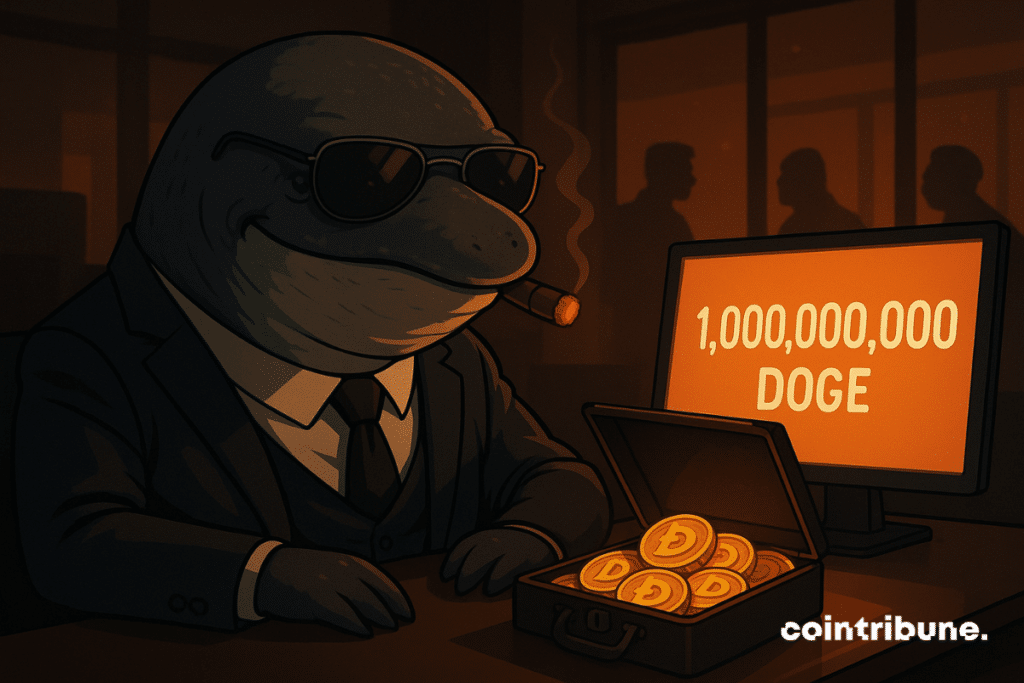 Uma baleia antropomórfica de terno, usando óculos escuros e fumando um charuto, está sentada em frente a uma maleta cheia de Dogecoin e uma tela exibindo “1.000.000.000 DOGE.